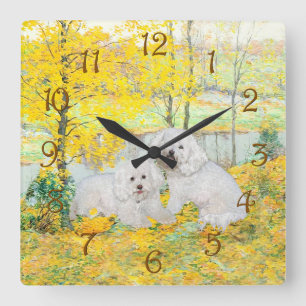 Horloge Carrée Bichon frisé bois jaune