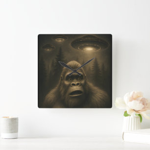 Horloge Carrée Bigfoot Sasquatch Alien UFO Funny