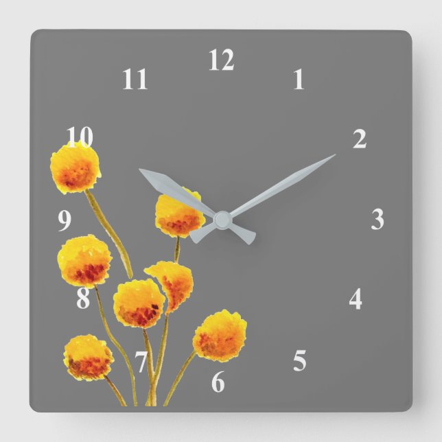 Horloge Carrée Billy Button jaune fleur native australienne (Recto)