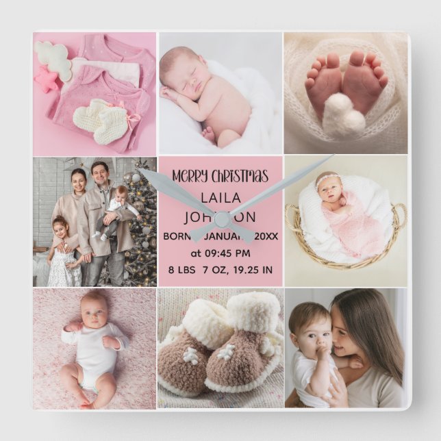 Horloge Carrée  Birth Announcment Personalize 8 Photo christmas (Recto)