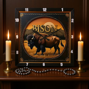 Horloge Carrée Bison Buffalo Plaines sauvages Buffalo