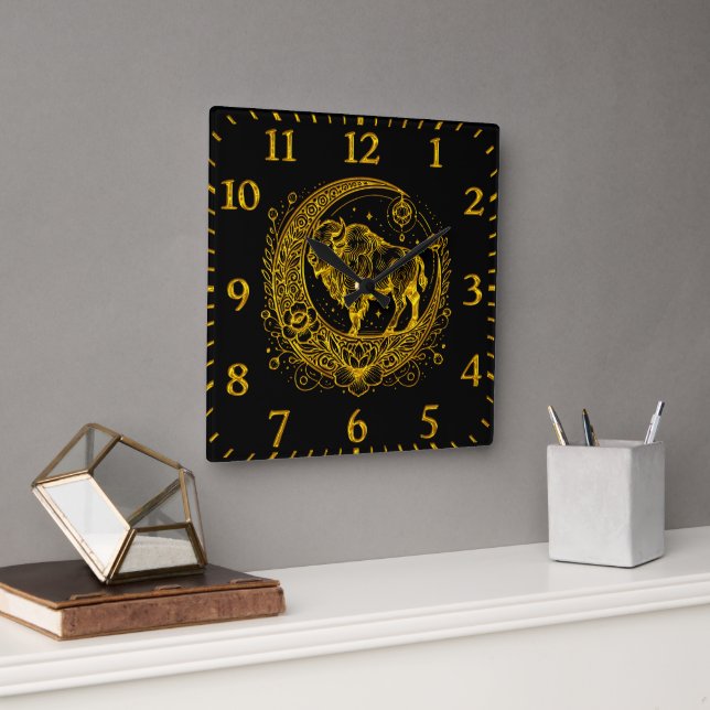 Horloge Carrée Bison debout dans un croissant floral conception l (Bureau)