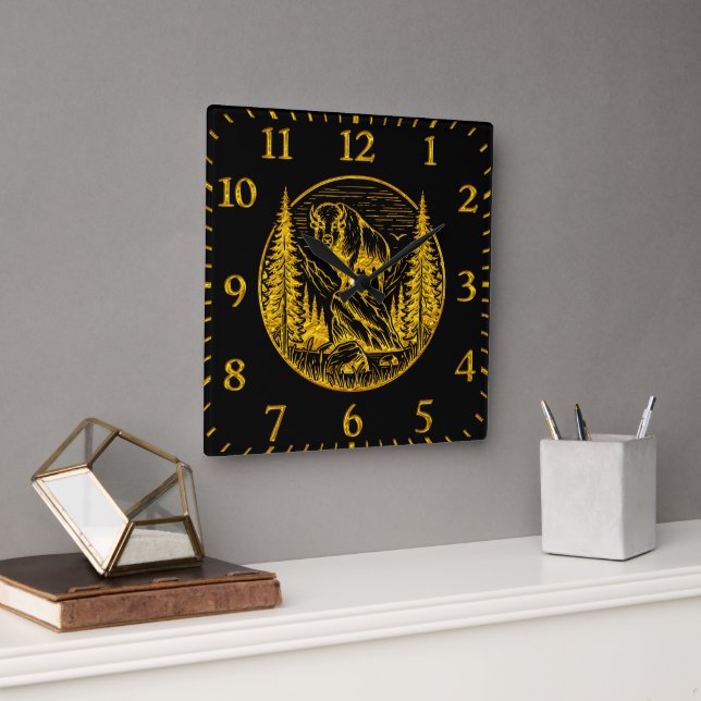 Horloge Carrée Bison debout fièrement dans un paysage naturel (Bureau)