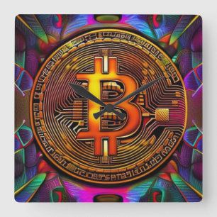 Horloge Carrée Bitcoin BTC Cryptomonnaie Art