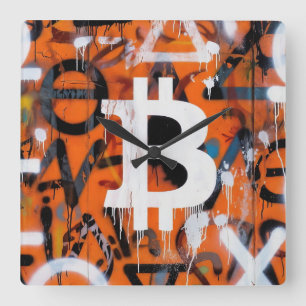 Horloge Carrée "Bitcoin Graffiti" (Style #2) Art de rue