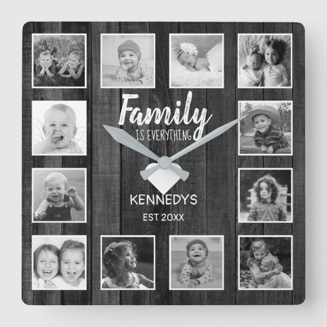 Horloge Carrée Black And White Wood 12 Photo Collage Family (Recto)