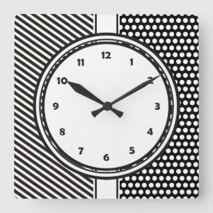 Horloge Carrée Black Dots & Stripes Grid + your backgr. &