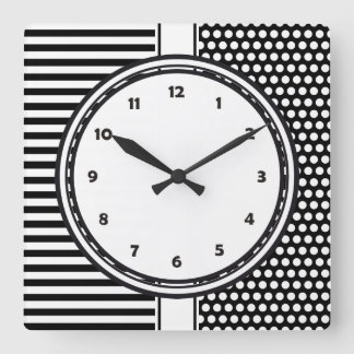 Horloge Carrée Black Dots & Stripes Grid + your backgr. &