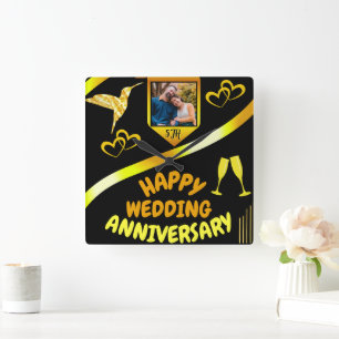 Horloge Carrée Black & Gold Joyeux 5e anniversaire Mariage cadeau