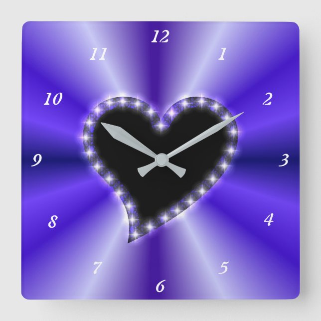 Horloge Carrée Black Heart with Stars on Purple Rainbow (Recto)