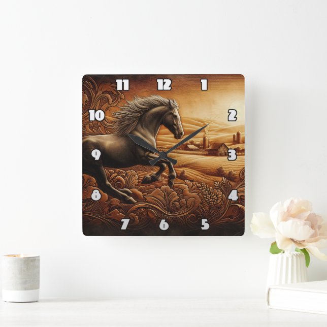 Horloge Carrée Black Horse Galloping dans les champs d'or (Maison)