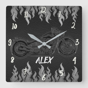 Horloge Carrée Black Leather & Silver Flames Hot Fire Motorcycle