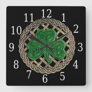 Horloge Carrée Black Shamrock And Celtic Knots Square Clock