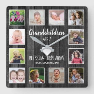Horloge Carrée Black Wood 12 Photo Collage Grandchildren Citation