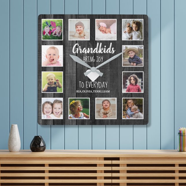 Horloge Carrée Black Wood 12 Photo Collage Grandkids Citation (Créateur téléchargé)