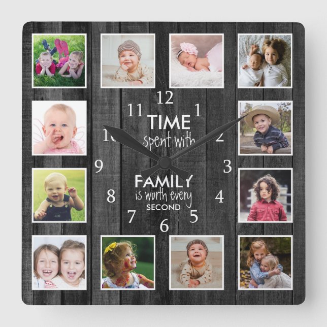 Horloge Carrée Black Wood 12 Photo Matriplate Time Family Quota (Recto)