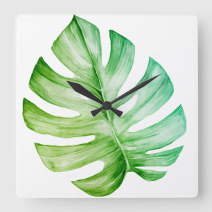 Horloge Carrée Blanc Feuille de Monstera Botanique Tropical