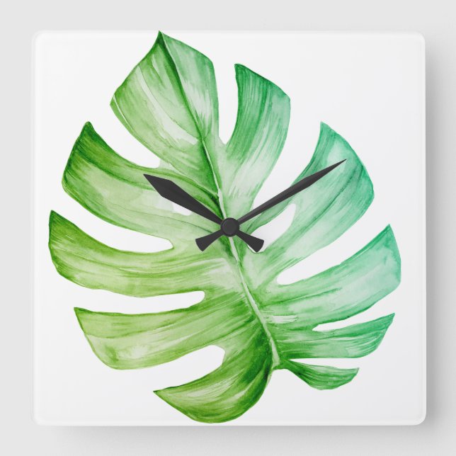 Horloge Carrée Blanc Feuille de Monstera Botanique Tropical (Recto)