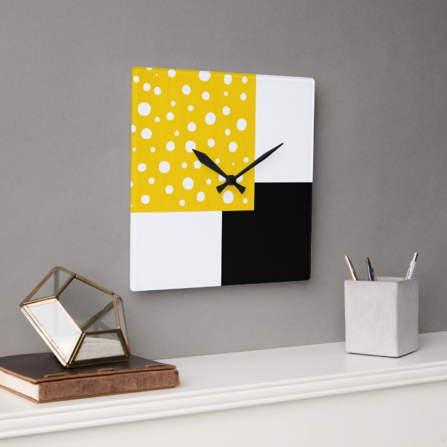 Horloge Carrée Blanc jaune Pois noir & blanc géométrique (Bureau)