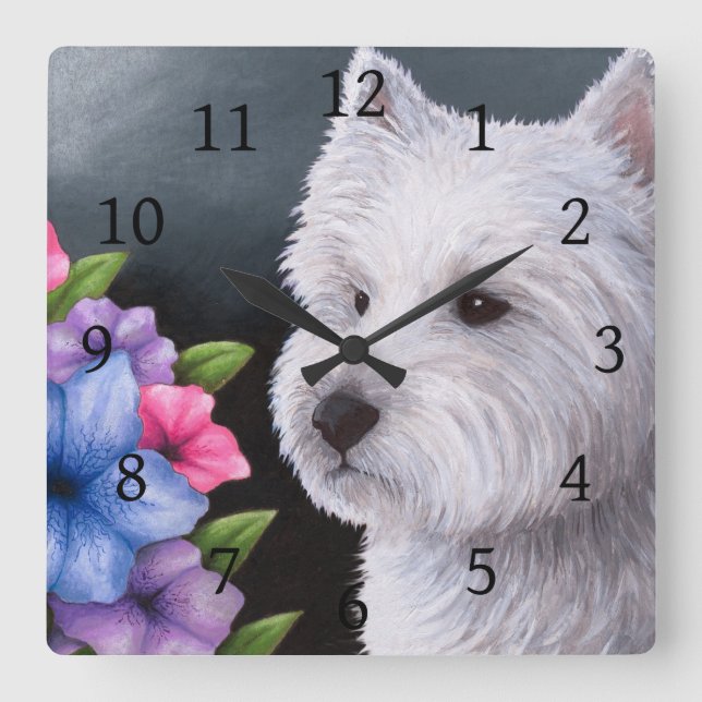 Horloge Carrée Blanc Westie du chien 82 (Recto)