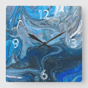 Horloge Carrée Bleu acrylique Abstrait, Blanc, Marine