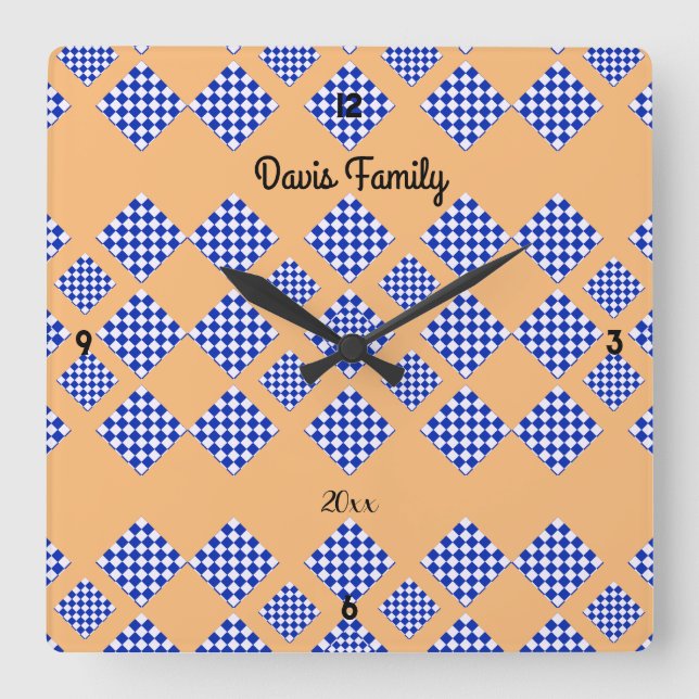 Horloge Carrée Bleu blanc À damiers beige clair (Recto)