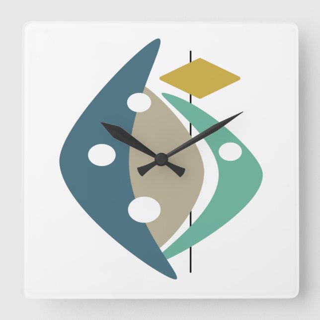 Horloge Carrée Bleu Boomerangs Modernisme du milieu du siècle (Recto)
