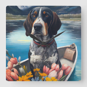 Horloge Carrée Bleu Coonhound sur une pagaie : une aventure Pitto
