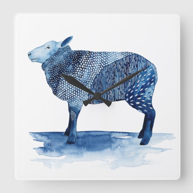 Horloge Carrée Bleu de cobalt Animaux de ferme - Moutons (Recto)