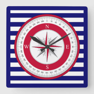 Horloge Carrée Bleu et blanc Rose de boussole rouge