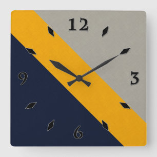 Horloge Carrée Bleu foncé, Jaune, Gris rayé Texté