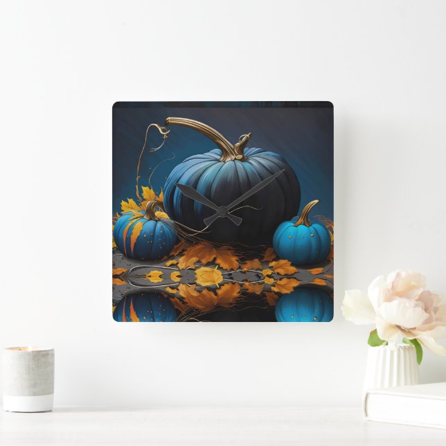 Horloge Carrée Bleu Lune Citrouilles Feuilles d'automne (Maison)