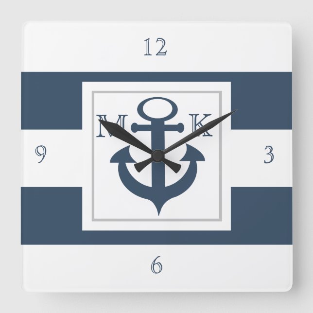 Horloge Carrée Bleu nautique et Ancre avec Monogramme (Recto)