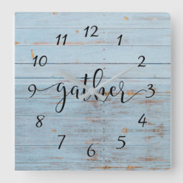Horloge Carrée Bleu Rustique Cuir en bois Ferme Rustique