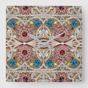 Horloge Carrée bleu turquoise or bordeaux rose bohème