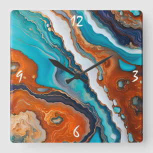 Horloge Carrée bleu turquoise, rouille et or peinture abstrait