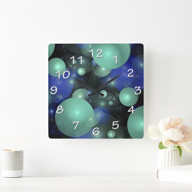 Horloge Carrée Bleu vert Abstrait contemporain Bulles flottantes (Maison)