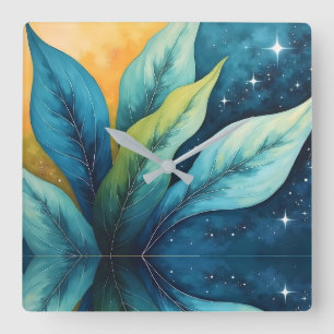 Horloge Carrée Bleu Vert Feuille Soleil et étoiles