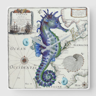 Horloge Carrée Bleu vintage de carte d'hippocampe