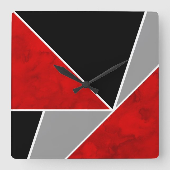 Horloge Carrée Bloc noir gris rouge de couleur (Recto)