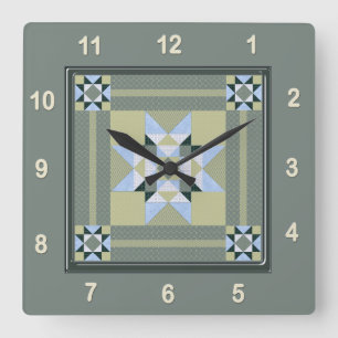 Horloge Carrée Bloc Quilt Complex Star Patch en vert
