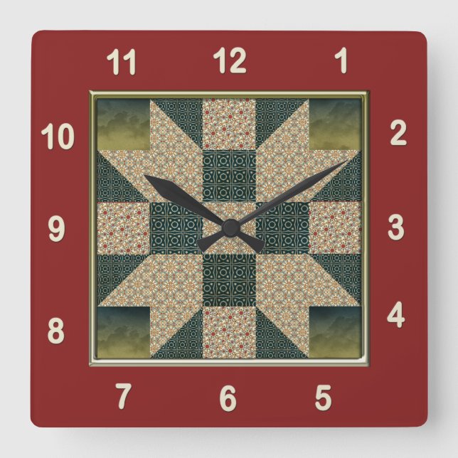 Horloge Carrée Bloc Quilt Star Patch Gold & Green (Recto)