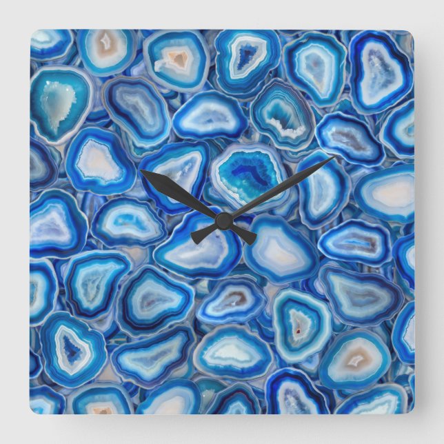 Horloge Carrée Blue Agate Geodes cristaux motif (Recto)