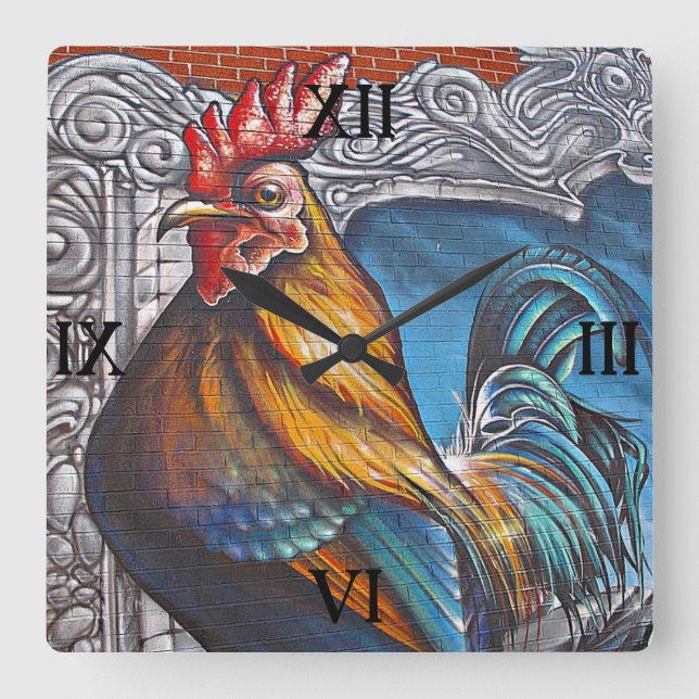 Horloge Carrée Blue and Gold Rooster (Recto)