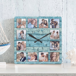 Horloge Carrée Blue beach Driftwood Planks Rustic Nautical