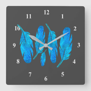 Horloge Carrée Blue boho feathers blue and gray