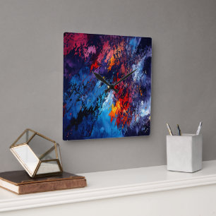 Horloge Carrée Blue Ember Blue Rouge Art Abstrait contemporain
