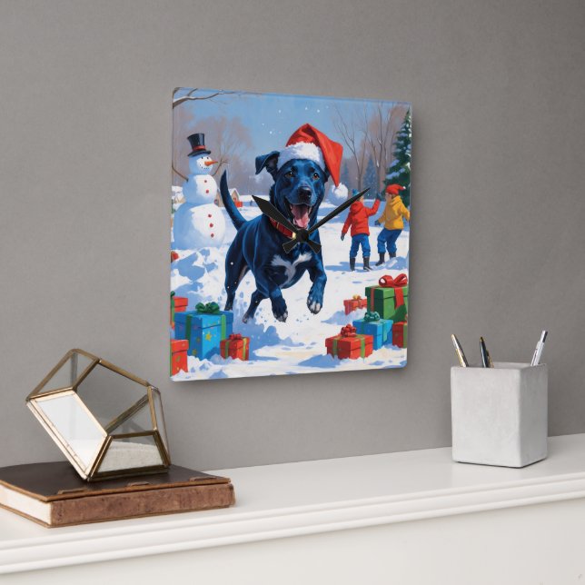 Horloge Carrée Blue Heeler Noël Festive Scène de neige (Bureau)