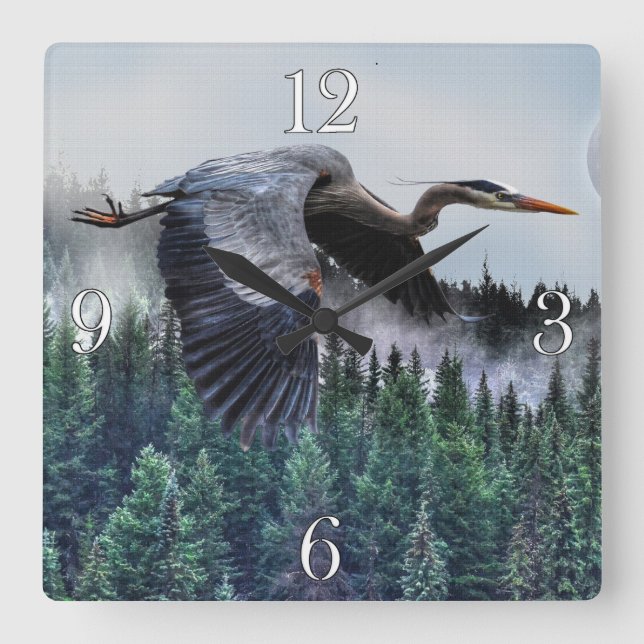 Horloge Carrée Blue Heron & Misty Forest Wildlife (Recto)