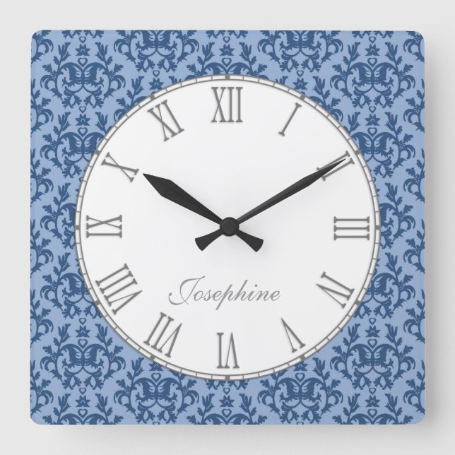 Horloge Carrée Blue kangaroo paw damask name wall clock (Recto)